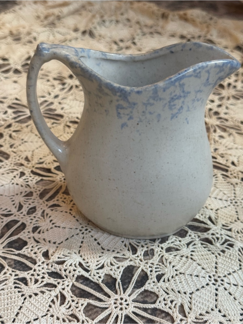 Vintage White Ceramic Pitcher with Blue Speckle